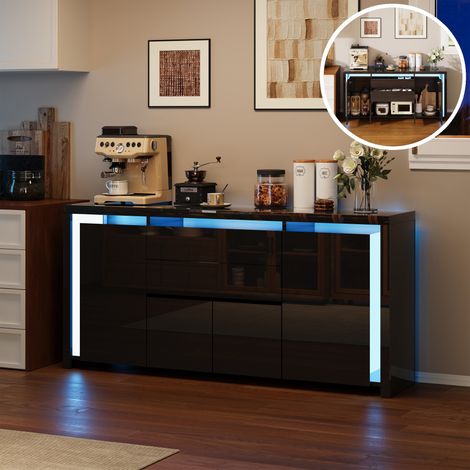 Bahut Moderne 4 Portes, avec LED, 2 tiroirs, buffet, commode, meuble de rangement, 160x35x75cm, Noir, pour salon, couloir, chambre