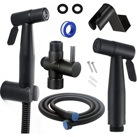 Ulisem WC-Dusche Komplettset - WC-Duschset mit 3-Wege-Ventil (1/2"-3/8") I Standardgrößen Frankreich (schwarz) (1/4)