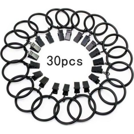 30 anneaux de rideaux avec clips métalliques, robustes et antirouille, pour tringles à rideaux, diamètre intérieur de 32 mm (noirs) (1/4)