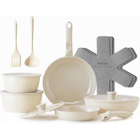 16 Piece Ceramic Cookware Set, Non-Stick Pan and Saucepan, Removable Handle, Induction, PFAS Free, Dishwasher (Beige) (1/5)