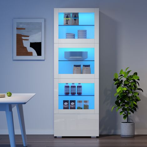 Armoire 60 x 40 x 173cm porte acrylique, de rangement haute brillance LED avec 3 étagères en verre pour salon blanc (1/5)