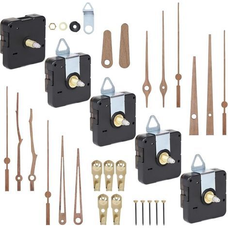 Lot de 5 Mecanisme Horloge Murale Silencieux à Quartz avec Axe de 20 mm et Aiguilles en Bois de Noyer, adaptés aux Cadrans de 7 à 9 mm d’épaisseur (piles non comprises) (1/5)