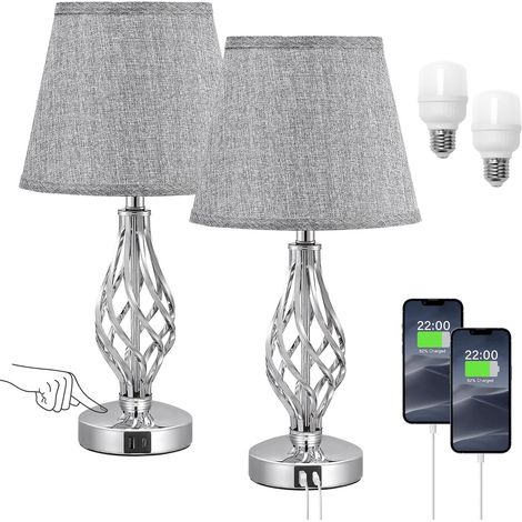 Lampada da comodino touch, confezione da 2, con porte di ricarica Type-C+USB-A, dimmerabile a 3 vie, 2 lampadine incluse, paralume in lino grigio, base in metallo, lampada da scrivania moderna per cam (1/5)