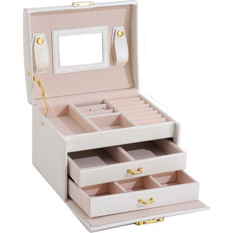 Organisateur de bijoux à 3 compartiments en similicuir, étui de voyage avec miroir pour boucles d'oreilles, bagues, bracelets et colliers, cadeau pour filles, 16,5 x 13 x 12 cm (1/5)