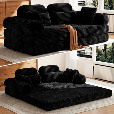 Canapé-Lit 200 cm de Large, Appuie-tête et Soutien Lombaire Intégrés Amovibles, 2 Coussins Décoratifs, Poche Latérale, Noir