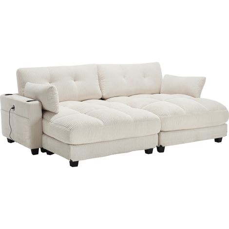 Fauteuil en velours côtelé beige avec accoudoirs, porte-gobelets et chargeur USB, 140x112x81 cm (1/5)