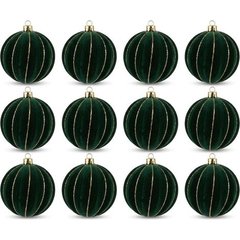 12 Palle per Albero di Natale grandi 8cm Velluto VERDE SCURO ANTICO con Decorazioni  oro  Palline sfera natalizia addobbi verdi ghirlande Eleganti e particolari  arredo casa e locali commerciali (1/5)