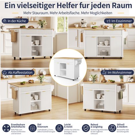 Îlot de cuisine roulant 120 x 45 cm avec plan de travail rabattable, chariot de cuisine à 2 tiroirs, 2 portes, étagères à épices et porte-serviettes, meuble de rangement mobile blanc. (1/5)