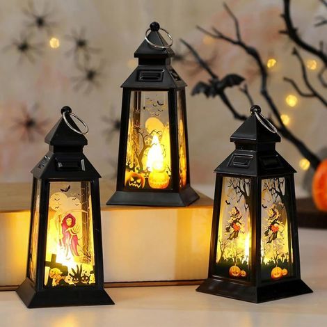 3 Pièces Lanterne Halloween LED, Lampion Motif de Sorcière et Citrouille, Décoration Halloweena extérieur (1/5)