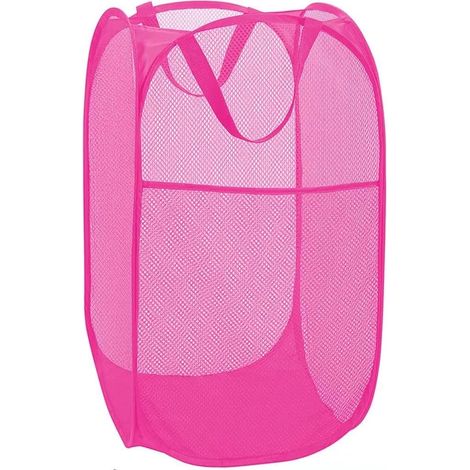 Panier à linge maille solide avec poche latérale, rose pâle, 36 x 36 x 60 cm, buanderie/salle de bain