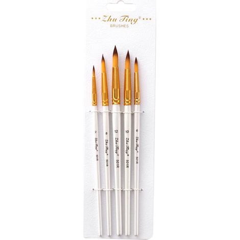 Ensemble de 5 Pinceaux Professionnels pour Peinture à l'Huile, Acrylique et Aquarelle, Pointes Blanches et Rondes (1/5)