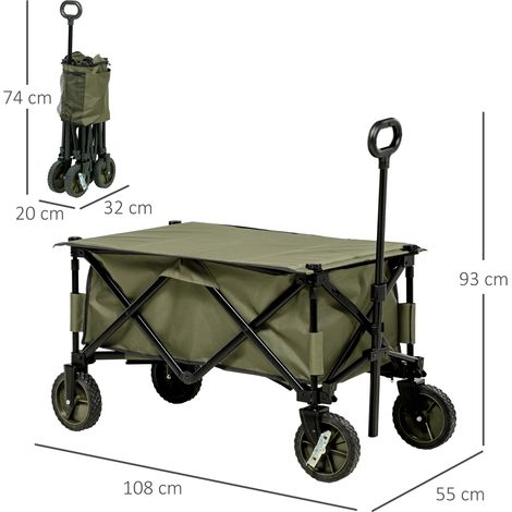 Chariot de plage pliable, 4 roues, housse amovible, poignée réglable en hauteur, plateau inclinable, 5 poches de rangement, 108 x 55 x 93 cm, vert