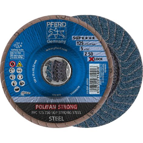 PFERD Lot de 10 disques à lamelles Polifan Strong - 125 mm - Z50 - X-Lock (22,23 mm) - SGP Steel - 67788128 - Pour une meilleure élimination et moins de consommation de disque. (1/4)