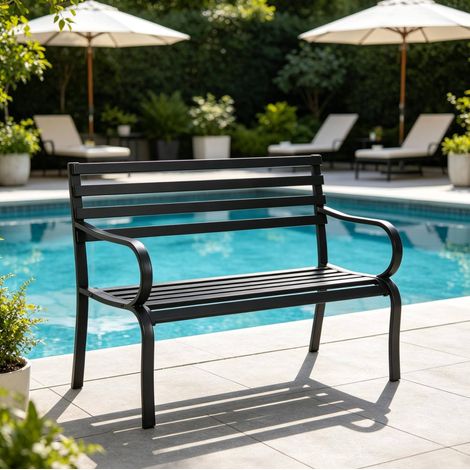 Panchina da giardino 127x58x82 cm, schienale alto leggermente inclinato, seduta profonda, metallo nero (1/5)