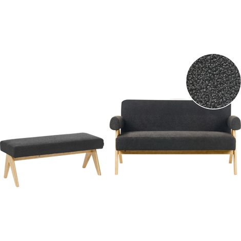 Conjunto de sala de estar retro sofá 2 plazas banco tapizado de bouclé patas de madera negro y marrón claro Tamre