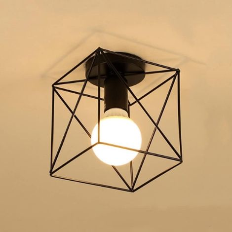 Plafonnier Industrielle Rétro en Métal Géométrie Cage E27 Moderne Lustre Suspension Luminaire L'éclairage Fer Lampe de Plafon Cube Noir pour Salon Chambre Café Bar Restaurant Couloir