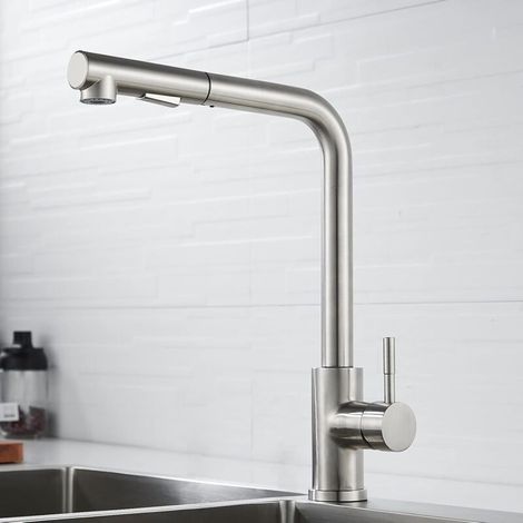 Küchenarmatur mit ausziehbarer Brause, Küchenarmatur mit Brausepistole (2 Strahlarten), 360° schwenkbare Spültischarmatur, Küchenarmatur aus gebürstetem Edelstahl (1/5)