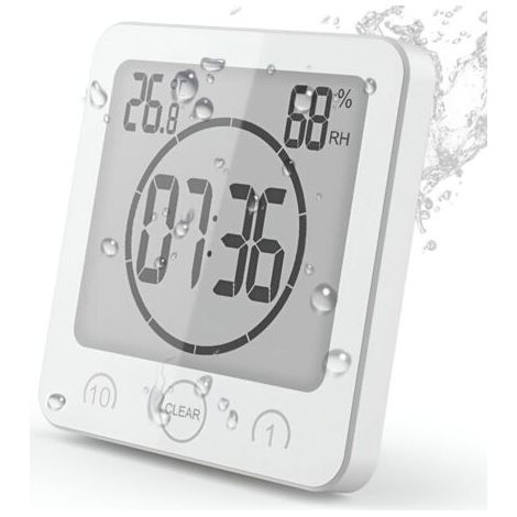 Horloge de salle de bain, horloge numérique tactile étanche pour douche, réveil avec affichage LCD, thermomètre et hygromètre, minuteur avec fonction compte à rebours, alimentée par piles, convient po
