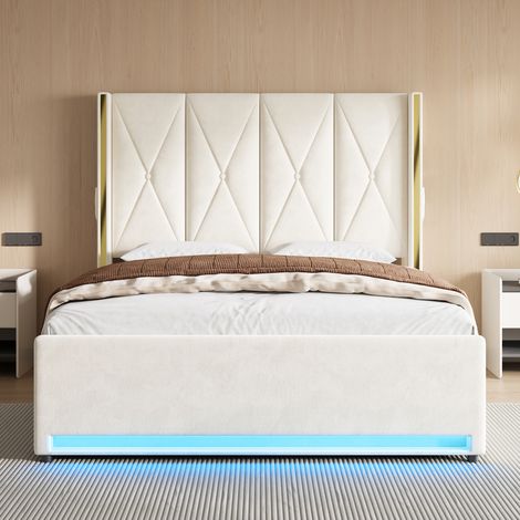 Lit en velours avec tête de lit haute, rembourrée et capitonnée, poches latérales, USB & LED, système de levage hydraulique et grand espace de rangement sous le lit – allie design, confort et praticit (1/5)