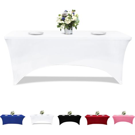 Nappe blanche en élasthanne, ajustée, lavable et infroissable, extensible, rectangulaire, pour table de patio, événement, mariage, banquet et fêtes. (1 pièce) (1/5)