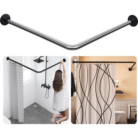 Tringle de rideau de douche d'angle en L, 60-133 x 60-133 cm, réglable, anti-affaissement, installation sans perçage, tige incurvée à 90° en acier inoxydable 304 noir avec 12 anneaux de rideau (1/5)