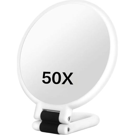 50-fach vergrößernder Spiegel – 1 Stück – ABS und Glas – Doppelseitig mit 360°-Drehung – Für Make-up und Gesichtspflege – Weiß (1/5)