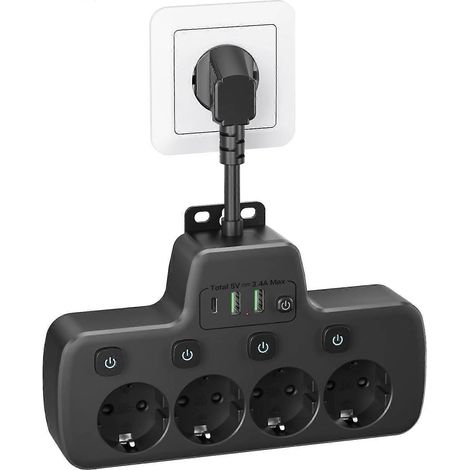 Multiprise avec interrupteur individuel, 4 prises et 3 ports USB-C, protection contre les surtensions. (1/5)