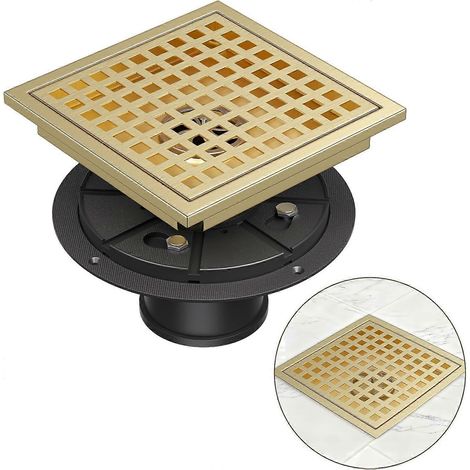 Bonde de douche carrée avec bride, récupérateur de cheveux pour bonde de douche 10 cm (4 pouces) finition or brossé, crépine de bonde de douche en acier inoxydable SUS304, couvercle de bonde de douche (1/5)