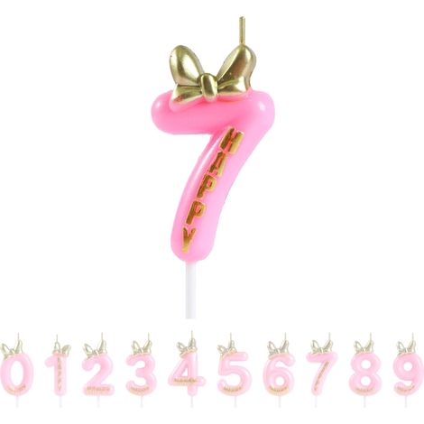 Bougie d'anniversaire 7 ans avec nœud papillon rose et bougie dorée métallique en forme de chiffre 7 pour décoration de gâteau d'anniversaire sur le thème de la souris (12,9 cm) (1/5)