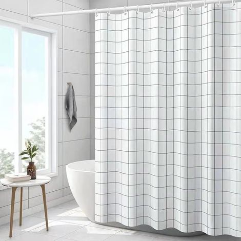 Filiyano-Rideau de douche en PEVA, tringle télescopique sans perforation, tissu épais, maille fine blanche, 240 cm de large x 200 cm de haut. (1/3)