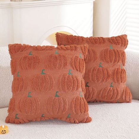 Ensemble de 2 taies d'oreiller citrouille d'Halloween, 45 x 45 cm, style ferme, orange. (1/5)