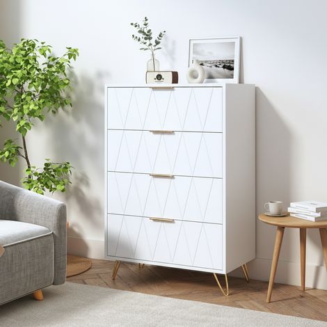 Commode bohème à cinq tiroirs - 4 tiroirs quatre tiroirs à roulettes, Motif de texture linéaire, 60x90x34 cm, poignées et pieds en métal - blanche (1/5)