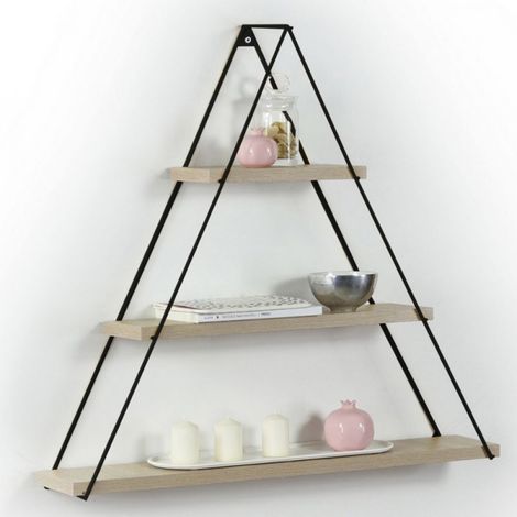 Mensola Acciaio e Legno Rovere Scaffale Triangolare a Muro con 3 Ripiani (1/2)