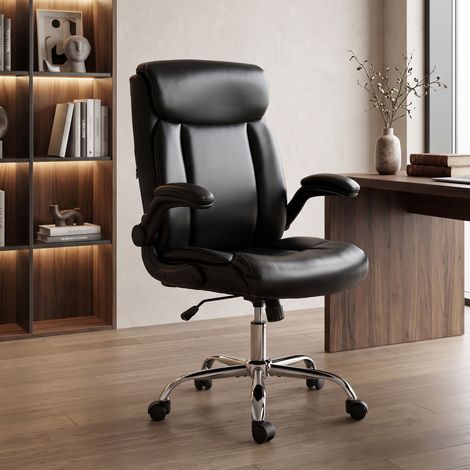 Chaise Bureau Ergonomique avec Accoudoirs Relevables, Fauteuil de Bureau en PU, Hauteur Réglable, Fonction Bascule, Noir (1/5)