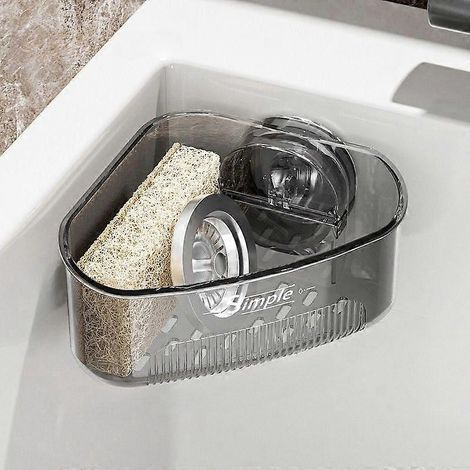 Filiyano-Panier d'angle triangulaire pour évier, sans perçage, à ventouses, avec bonde, pour la cuisine et la salle de bain, noir, lot de 2. (1/5)