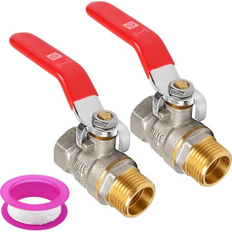 2 Pièces Vanne à Bille en Laiton, Filetage Mâle/Femelle PN25 DN15, 1/2 Pouce, avec Long Levier Rouge et Passage Intégral, et Joint D'étanchéité (1/5)