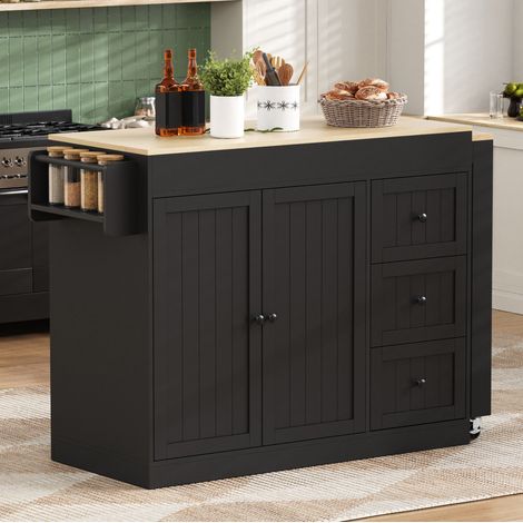 Kücheninsel 112-186.8x45x93 cm schwarz aus MDF mit ausziehbarer Arbeitsplatte und Rollen (1/5)
