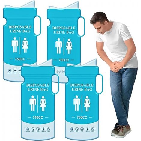 4 Pièces Sac à Urine Jetable, 750ml Sacs Urinoirs d'urgence, Sac Urinoir de Voyage pour Homme, Femme, Enceinte, Patient, Enfants, Voyage, Voiture, Camping, Randonnée