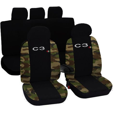 Lupex shop - Coprisedili Auto Compatibili per C3, Made In Italy, set di copri sedili anteriori e posteriori con copri poggiatesta incluso, tessuto poliestere, colore - Nero / Mimetico Classico