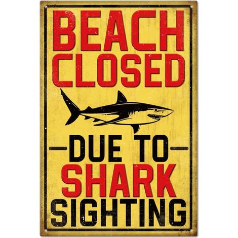 Plaque métallique "Beach Closed" (Plage fermée) 20x30 cm, Vue de requin, Peinture en étain vintage, Plaques, Affiche murale, Plaque pour la maison de plage, bord de piscine, garage (1/5)