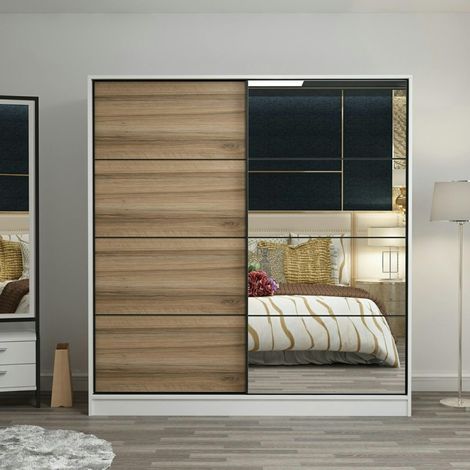 Armoire penderie blanche, porte effet bois et miroir BYRON (1/5)
