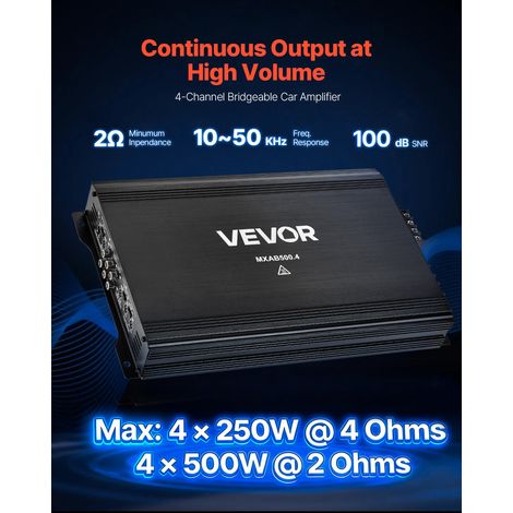 Amplificateur Audio Voiture, Ampli de Puissance à 4 Canaux Pontables pour Subwoofer, Max. 4x250 W sous 4 ohms/4x500 W sous 2 ohms Classe AB à Gamme Complète, Amplificateur Stéréo pour SUV, MPV (1/5)