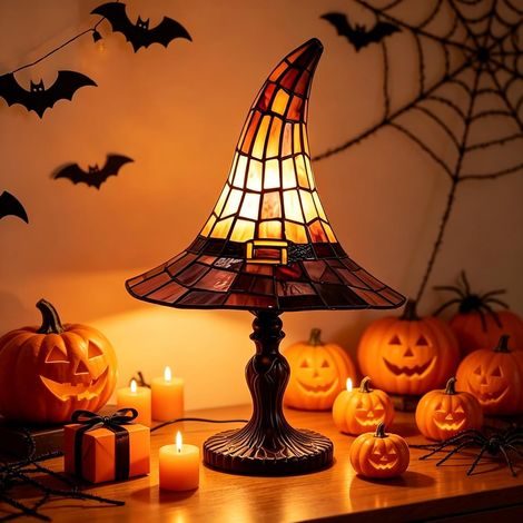 Lampe chapeau de sorcière, lampe rétro artisanale en résine, lampe de table d'Halloween, design gothique vintage, alimentation USB, (1/5)