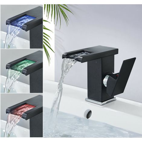 Robinet de lavabo cascade à LED noir – Débit d'eau silencieux – Construction métallique durable (1/5)
