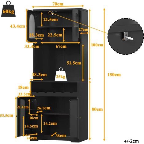 Buffet haut armoire 180 cm noir avec LED RGB pilotable par app, portes vitrées incurvées, casier à bouteilles et dispositif anti-bascule, étagères réglables (1/5)