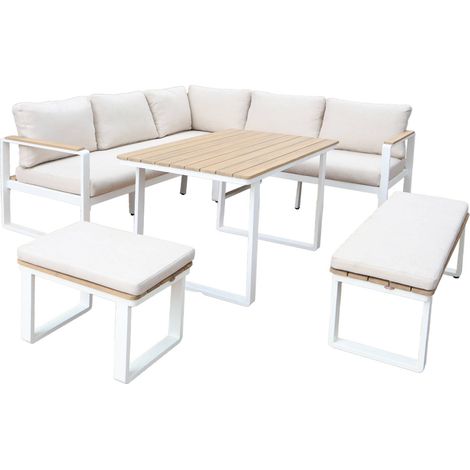 sweeek - Gartenlounge-Set für 8 Personen aus Akazienholz und Aluminium Weiß / Beige