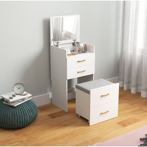 Tocador 48 x 40 x 90 cm blanco 3 en 1 con espejo, taburete con ruedas y cajones (1/5)