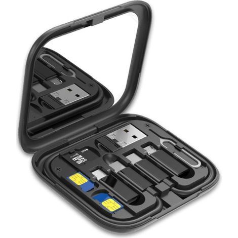 Universeller Reiseadapter, Reiseset mit USB-auf-USB-Typ-C-/Micro-USB-/Telefonadapter, PD-USB-Typ-C-Kabel und SIM-Karten-Auswurfwerkzeug – Kompaktes Etui mit Spiegel und Organizer-Set (1/5)