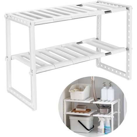 Etagere de Rangement sous Evier Rack Extensible Organisateur pour Cuisine Salle de Bain Chambre Salon Longueur Reglable 38-70cm,Capacite de Charge de 14 kg (Blanc) (1/5)