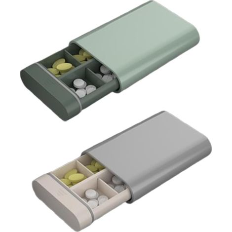 Deux boîtes portables pour le rangement quotidien, coloris vert et gris, fabriquées en ABS écologique, avec 6 compartiments hermétiques pour un rangement compact. (1/5)